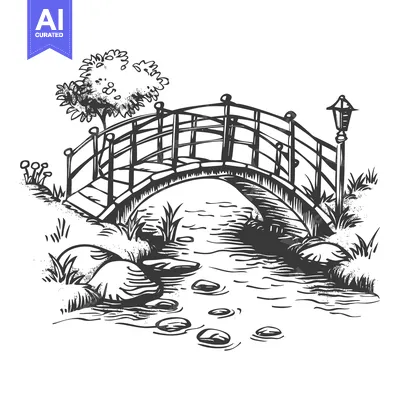 Aset desain premium: Hand-drawn illustration of a wooden bridge over a stream with a lamppo