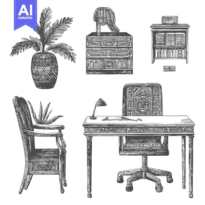 Aset premium populer: Hand-Drawn Illustration of a Wooden Desk, Chair, and Other Home Furnis