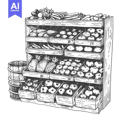 Aset desain premium: Hand-drawn Illustration of a Wooden Fruit and Vegetable Stand