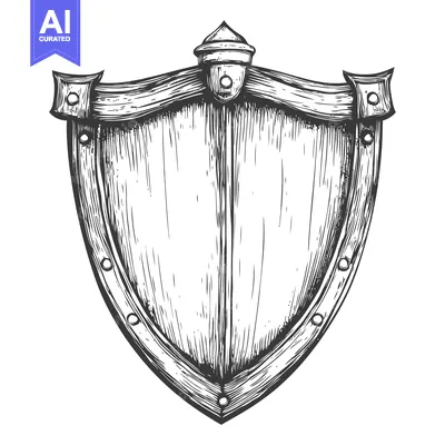 Aset premium populer: Hand-drawn illustration of a wooden shield with a metal rim and rivets
