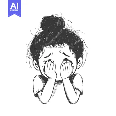Premium design asset: Hand-Drawn Illustration of a Young Girl Crying, Covering Her Face with