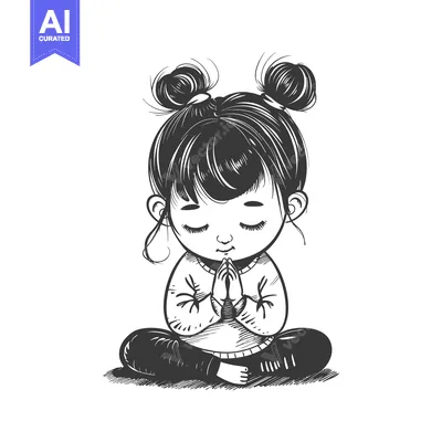 Aset desain premium: Hand-drawn Illustration of a Young Girl Praying with Closed Eyes