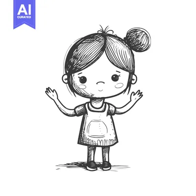 Aset desain premium: Hand-Drawn Illustration of a Young Girl with a Cheerful Expression