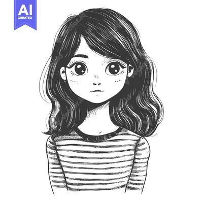 Popular premium asset: Hand-Drawn Illustration of a Young Girl with Long Wavy Hair Wearing a