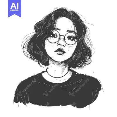 Aset premium populer: Hand-drawn Illustration of a Young Woman with Short Hair Wearing Glass