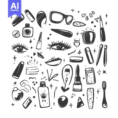 Hand-drawn illustration of beauty and makeup products