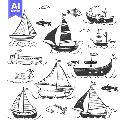 Aset desain premium: Hand-Drawn Illustration of Boats and Fish on the Ocean