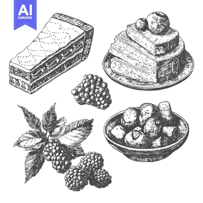 Aset premium populer: Hand-Drawn Illustration of Cakes, Berries, and Leaves