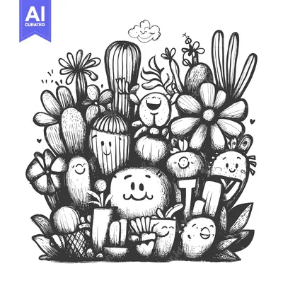 Aset premium populer: Hand-drawn Illustration of Cartoon Cactus Characters in a Garden Setti