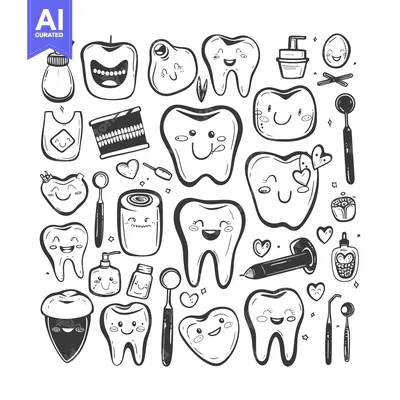 Aset desain premium: Hand-Drawn Illustration of Cartoon Teeth with Dental Care Items