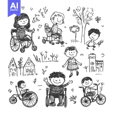 Aset desain premium: Hand-Drawn Illustration of Children in Wheelchairs and Bicycles in a P