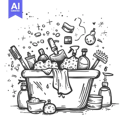Aset desain premium: Hand-drawn Illustration of Cleaning Supplies in a Bucket