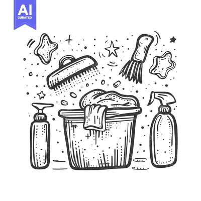 Aset desain premium: Hand-Drawn Illustration of Cleaning Supplies in a Bucket