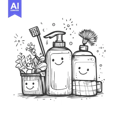 Hand-Drawn Illustration of Cleaning Supplies with Smiling Faces
