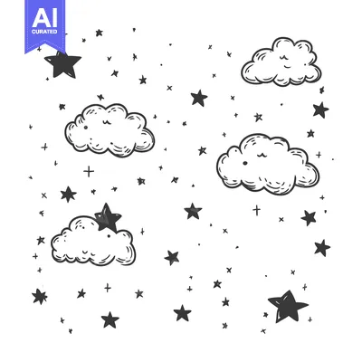 Aset premium populer: Hand-drawn Illustration of Clouds and Stars with White Background