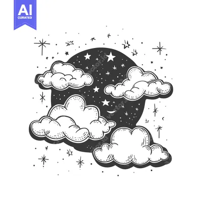 Aset premium populer: Hand-Drawn Illustration of Clouds, Stars, and a Crescent Moon in a Nig