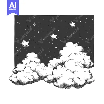 Premium design asset: Hand-Drawn Illustration of Clouds with Stars in the Night Sky