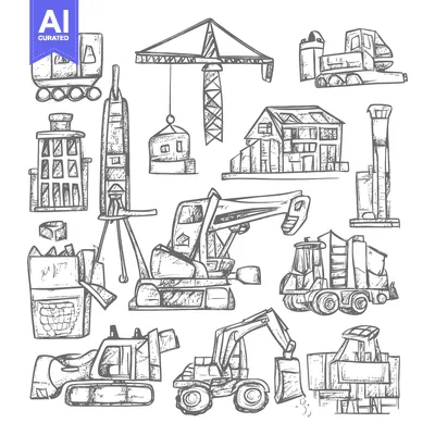 Aset desain premium: Hand-Drawn Illustration of Construction Equipment and Buildings
