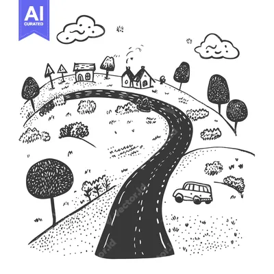 Aset desain premium: Hand-drawn illustration of a countryside road winding through a hilly