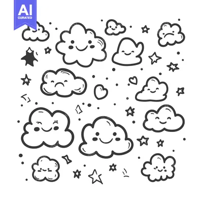 Aset desain premium: A Hand-Drawn Illustration of Cute Clouds with Various Facial Expressio