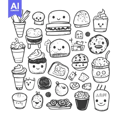 Aset desain premium: Hand-Drawn Illustration of Cute Food Items with Smiling Faces