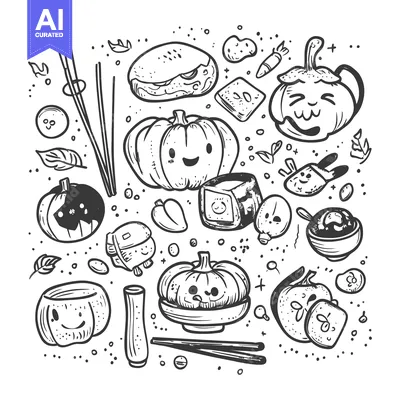 Aset desain premium: Hand-Drawn Illustration of Cute Pumpkins, Food, and Chopsticks