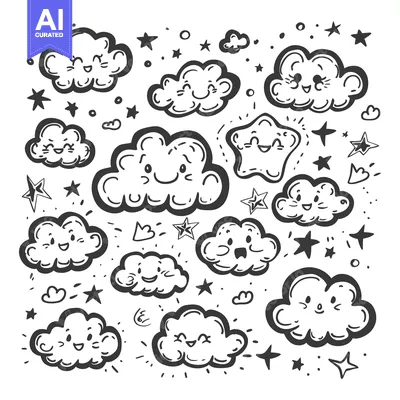 Hand-drawn Illustration of Cute Smiling Clouds and Stars
