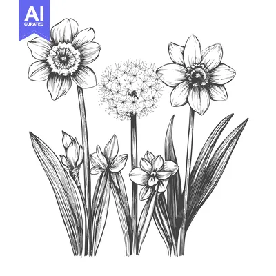 Aset premium populer: Hand-drawn illustration of daffodils and a dandelion