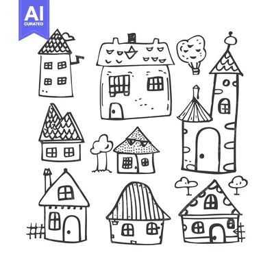 Premium design asset: Hand-Drawn Illustration of Diverse Houses and Landscape Elements
