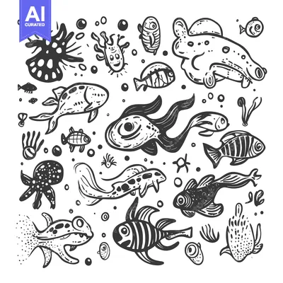 Premium design asset: Hand-Drawn Illustration of Diverse Marine Life in Black and White