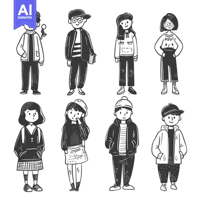 Hand-Drawn Illustration of Diverse Teenagers in Casual Outfits