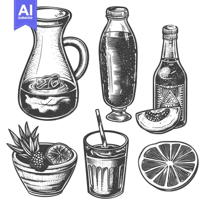 Popular premium asset: Hand-drawn illustration of drinks and fruits in black and white