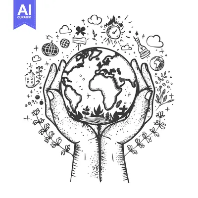 Aset premium populer: Hand-Drawn Illustration of Earth Held by Two Hands Surrounded by Doodl