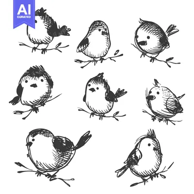 Aset premium populer: Hand-drawn Illustration of Eight Birds Perched on Branches