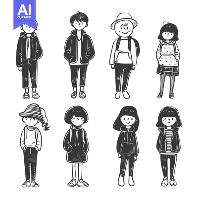 Aset desain premium: Hand-drawn illustration of eight cartoon characters wearing casual out