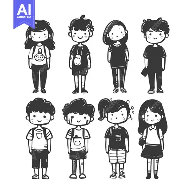Aset premium populer: Hand-drawn illustration of eight cartoon children in casual clothing