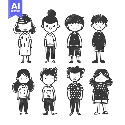 Aset premium populer: Hand-Drawn Illustration of Eight Children in Casual Attire