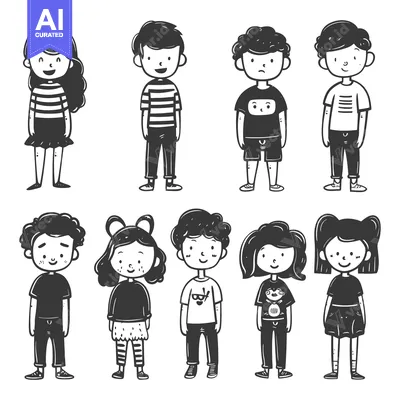 Aset premium populer: Hand-Drawn Illustration of Eight Children in Casual Attire