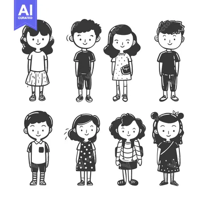 Aset desain premium: Hand-drawn Illustration of Eight Children in Casual Outfits