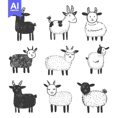Aset premium populer: Hand-Drawn Illustration of Eight Cute Goats and Sheep