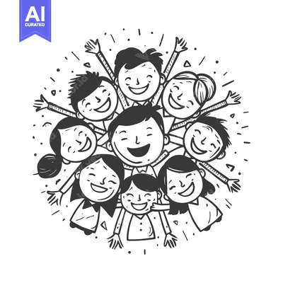 Popular premium asset: Hand-drawn illustration of eight smiling people in a circle with arms