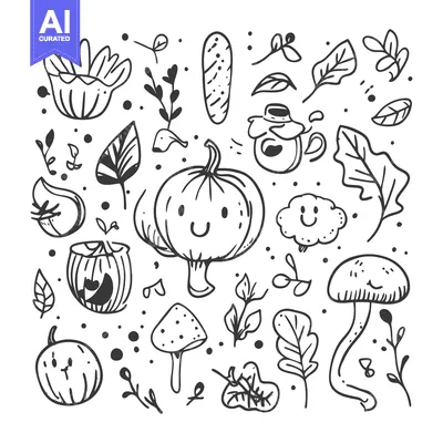Aset desain premium: Hand-Drawn Illustration of Fall Harvest and Forest Elements