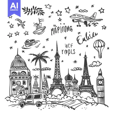 Aset premium populer: Hand-Drawn Illustration of Famous Landmarks with Airplane and Stars