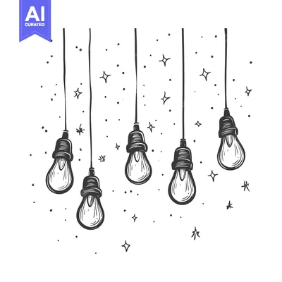 Aset desain premium: Hand-drawn illustration of five hanging lightbulbs with stars