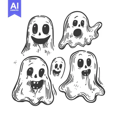 Aset desain premium: Hand-drawn illustration of five playful ghosts with various expression