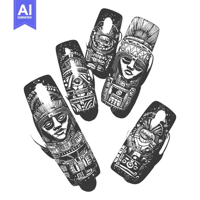Aset desain premium: Hand-Drawn Illustration of Four Ancient Mayan Idols