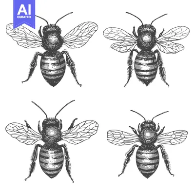 Aset premium populer: Hand-Drawn Illustration of Four Bees in Different Poses