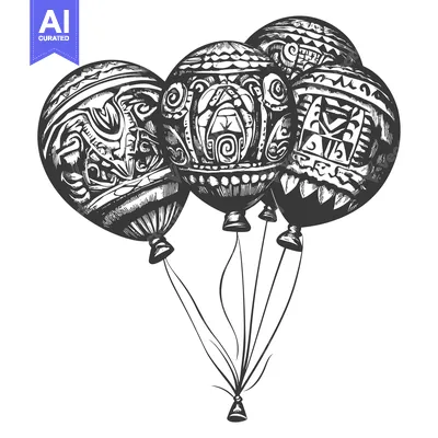 Aset premium populer: Hand-drawn illustration of four black and white balloons with geometri