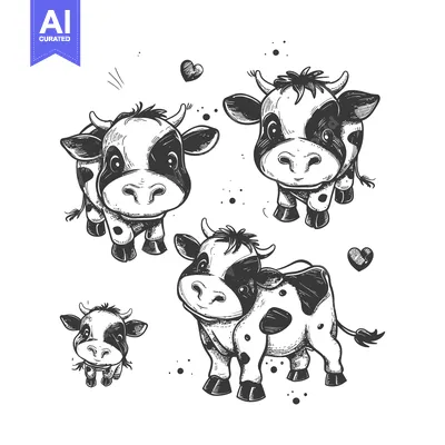 Aset premium populer: Hand-drawn Illustration of Four Black and White Cows with Hearts