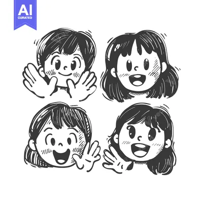 Aset desain premium: Hand-drawn illustration of four cartoon girls with different expressio
